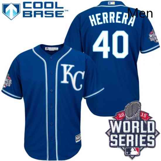 Mens Majestic Kansas City Royals 40 Kelvin Herrera Authentic Blue Alternate 2 Cool Base 2015 World Series Patch MLB Jersey